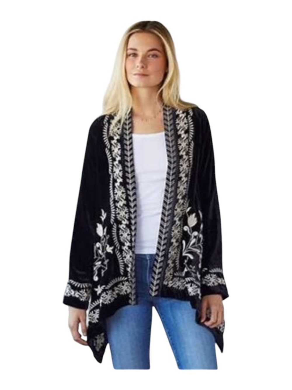 Sundance Left Bank Open Front Black Velvet Cardigan Kimono Small